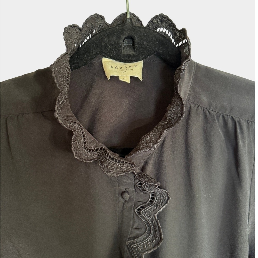 Sezane Chlo Shirt Black Lace Ruffle Collar Button Front Blouse French Girl 8 - Picture 4 of 13